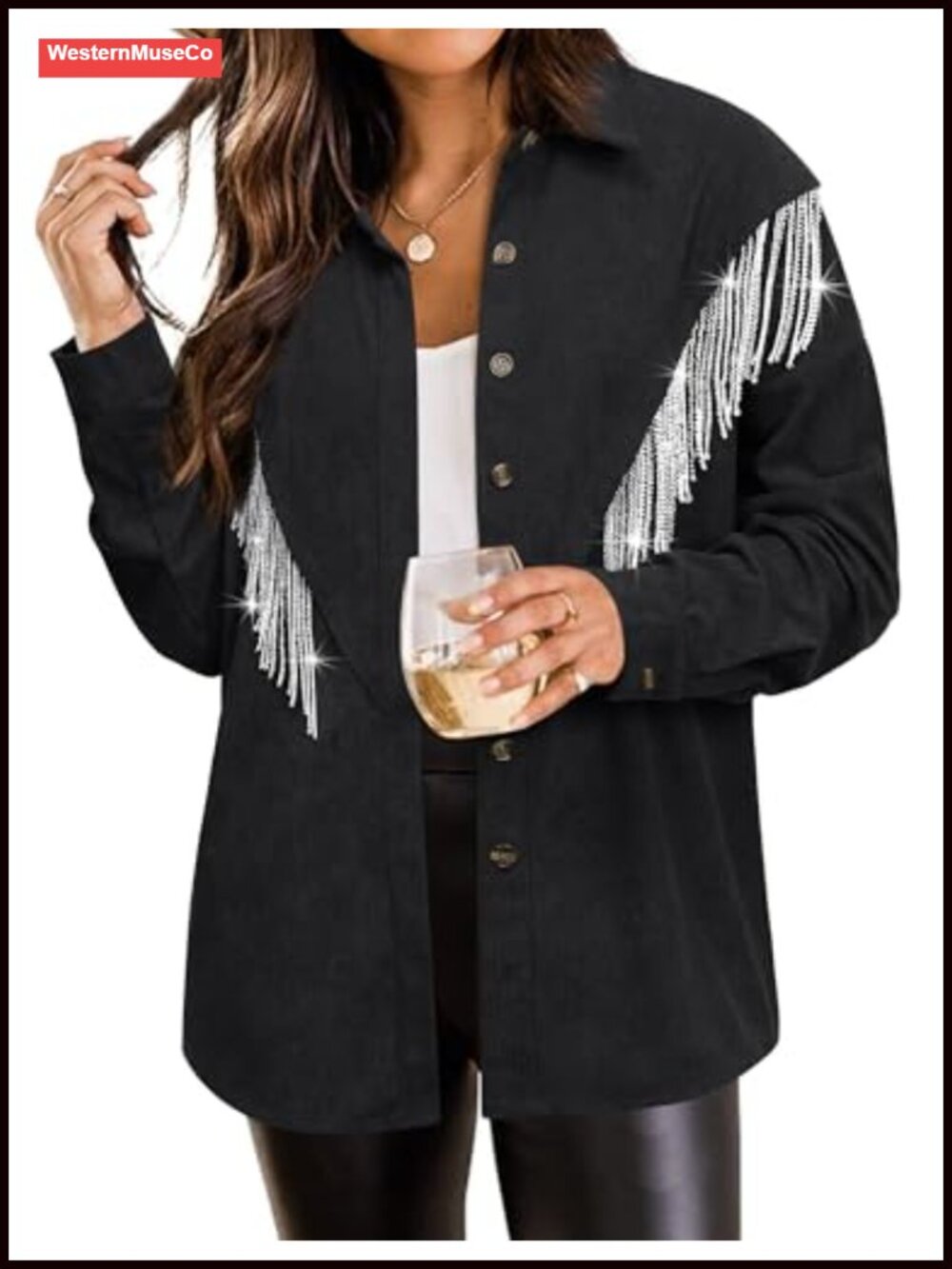 Corduroy Rhinestone Fringe Shacket Long Sleeve Concert Jacket